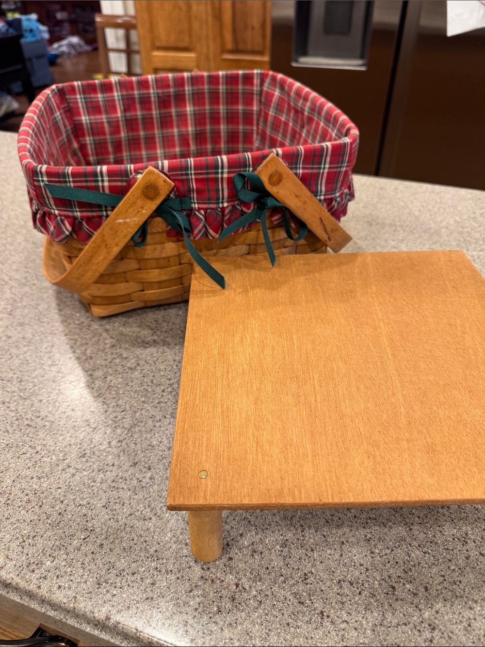 Longaberger Handwoven Basket with Red Plaid Liner and Green Ribbon